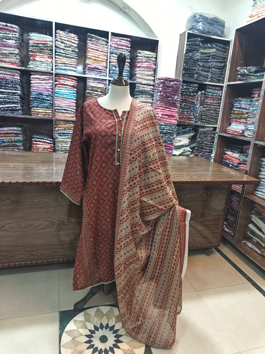 Safina premium lawn stiched shalwar kameez 3pc brn