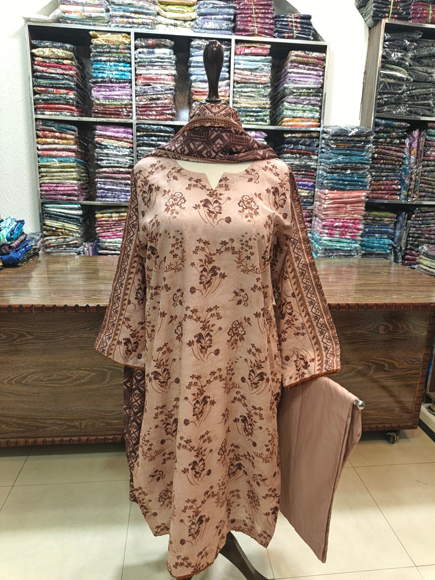 Binsaeed premium lawn stiched shirt trouser stiched 3pc cofeBr