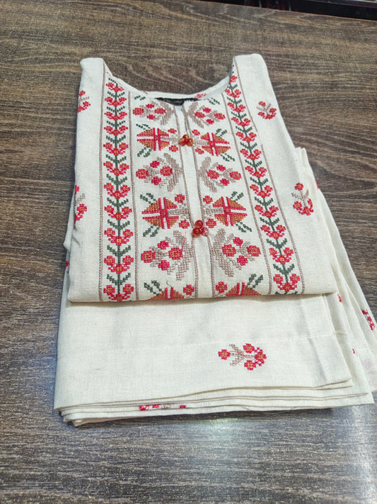 Karandi khaddar embroidered stiched long shirt trouser 3pc orred