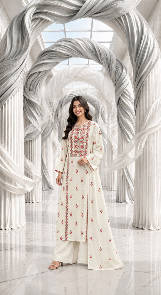 Karandi khaddar embroidered stiched long shirt trouser 3pc orred