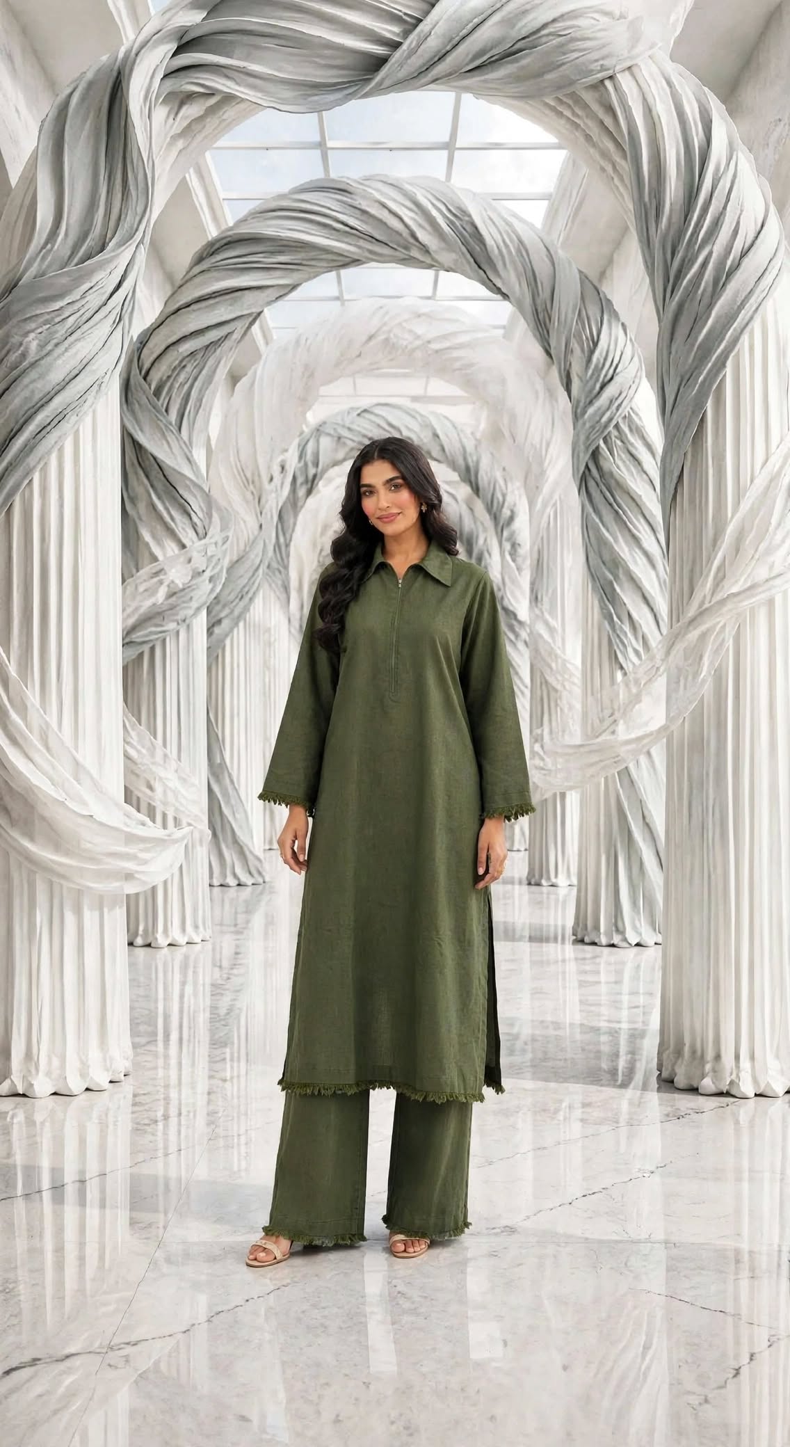 Binsaeed solid khaddar stiched long shirt trouser mhdizip 2pc
