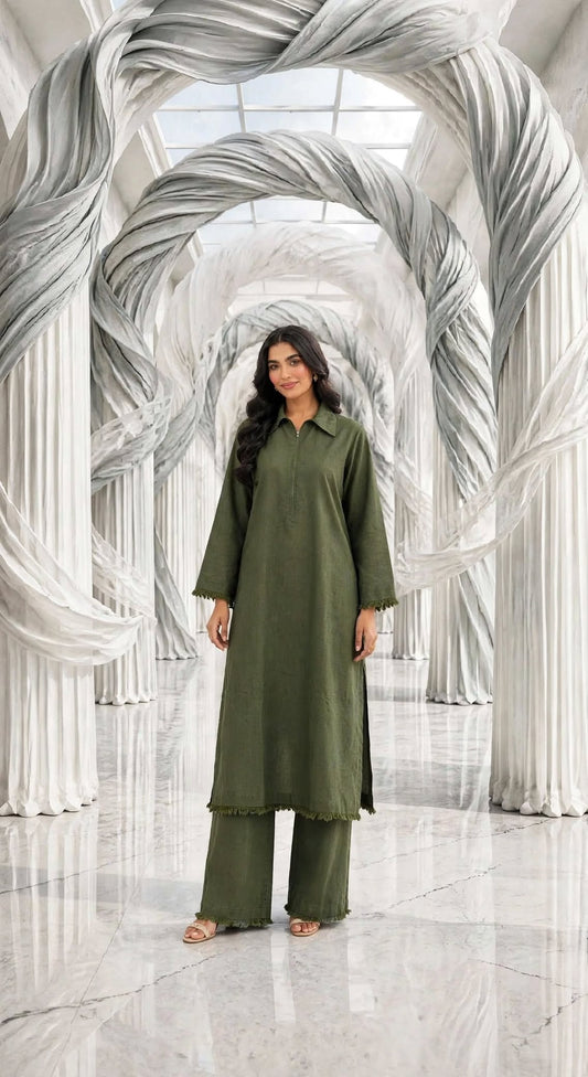 Binsaeed solid khaddar stiched long shirt trouser mhdizip 2pc