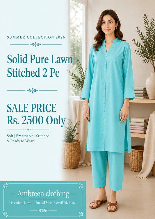 Solid pure lawn long stiched shirt trouser 2 pc iceblu