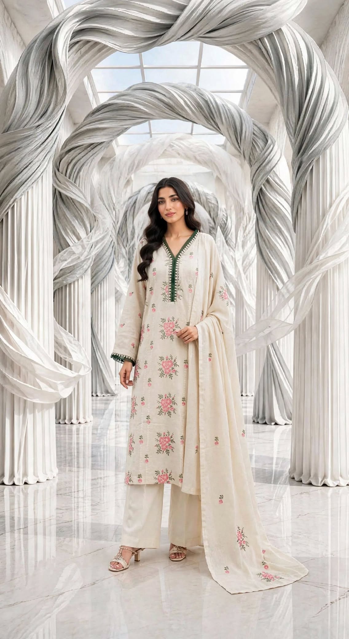 Khaddar embroidered stiched long shirt trouser 3 pc grnfryl