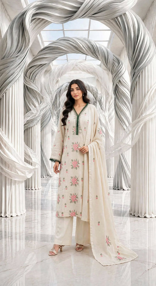 Khaddar embroidered stiched long shirt trouser 3 pc grnfryl