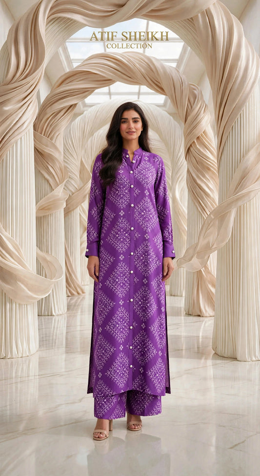 Linen stiched long shirt trouser 2pc prpl