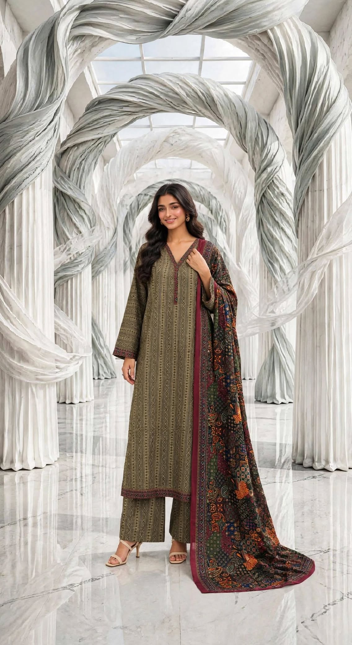 Binsaeed khaddar stiched long shirt trouser 3pc olivajrk