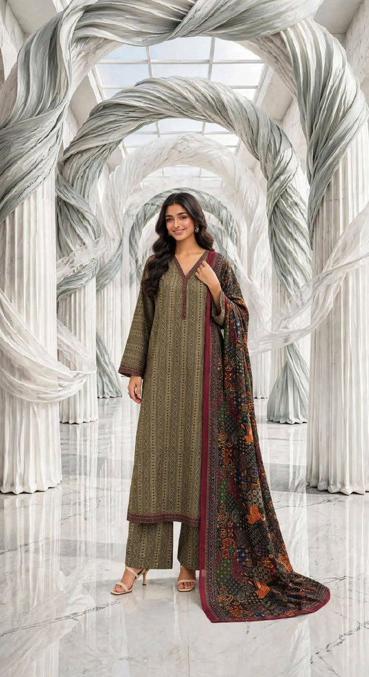 Binsaeed khaddar stiched long shirt trouser 3pc olivajrk