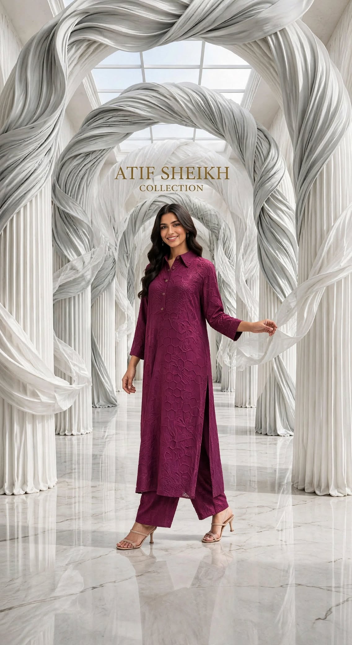 Embossed self jacquard shirt trouser 2pc plum