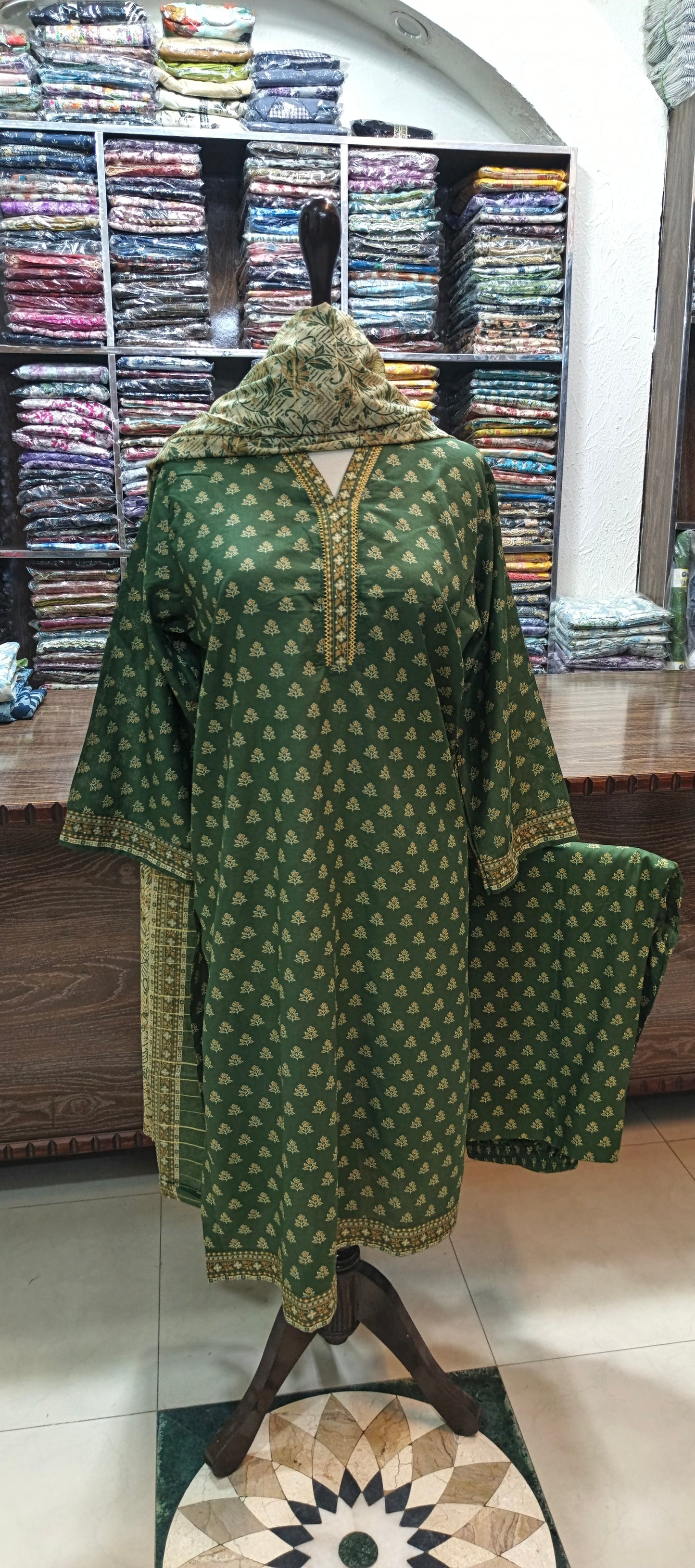 Bin saeed premium lawn stiched shirt trouser 3 pc green