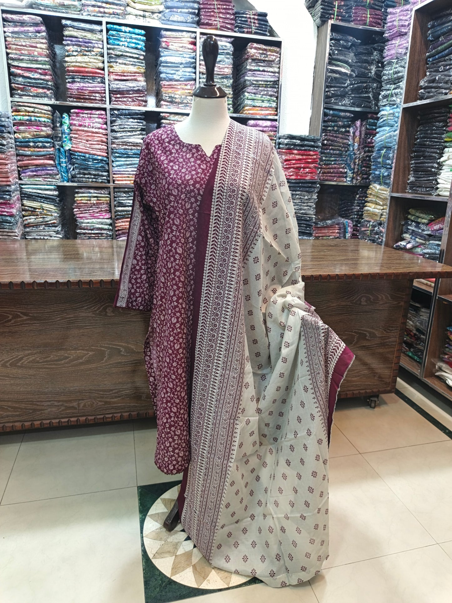 Binsaeed premium lawn stiched shirt trouser stiched 3pc Burg