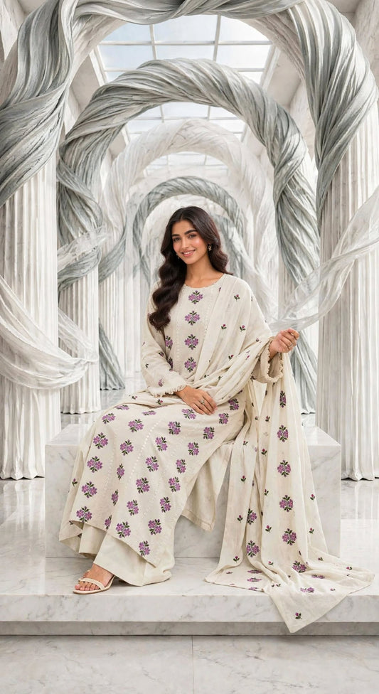 Karandi khaddar embroidered stiched long shirt trouser 3pc prplcrs