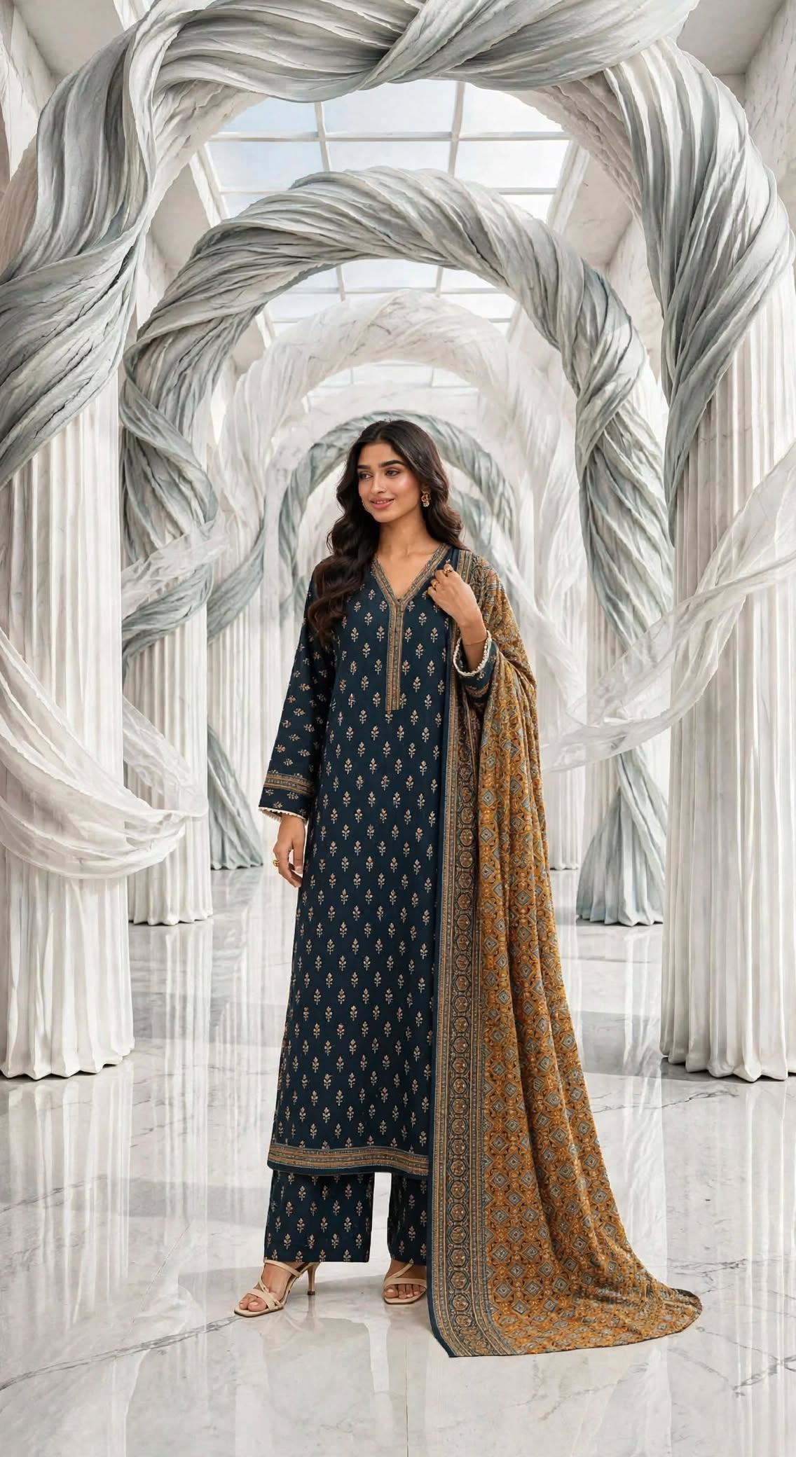 Binsaeed khaddar stiched long shirt trouser 3 pc tealmst