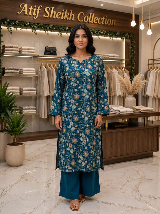 Karandi embroidered stiched long shirt trouser 2pc teelgld