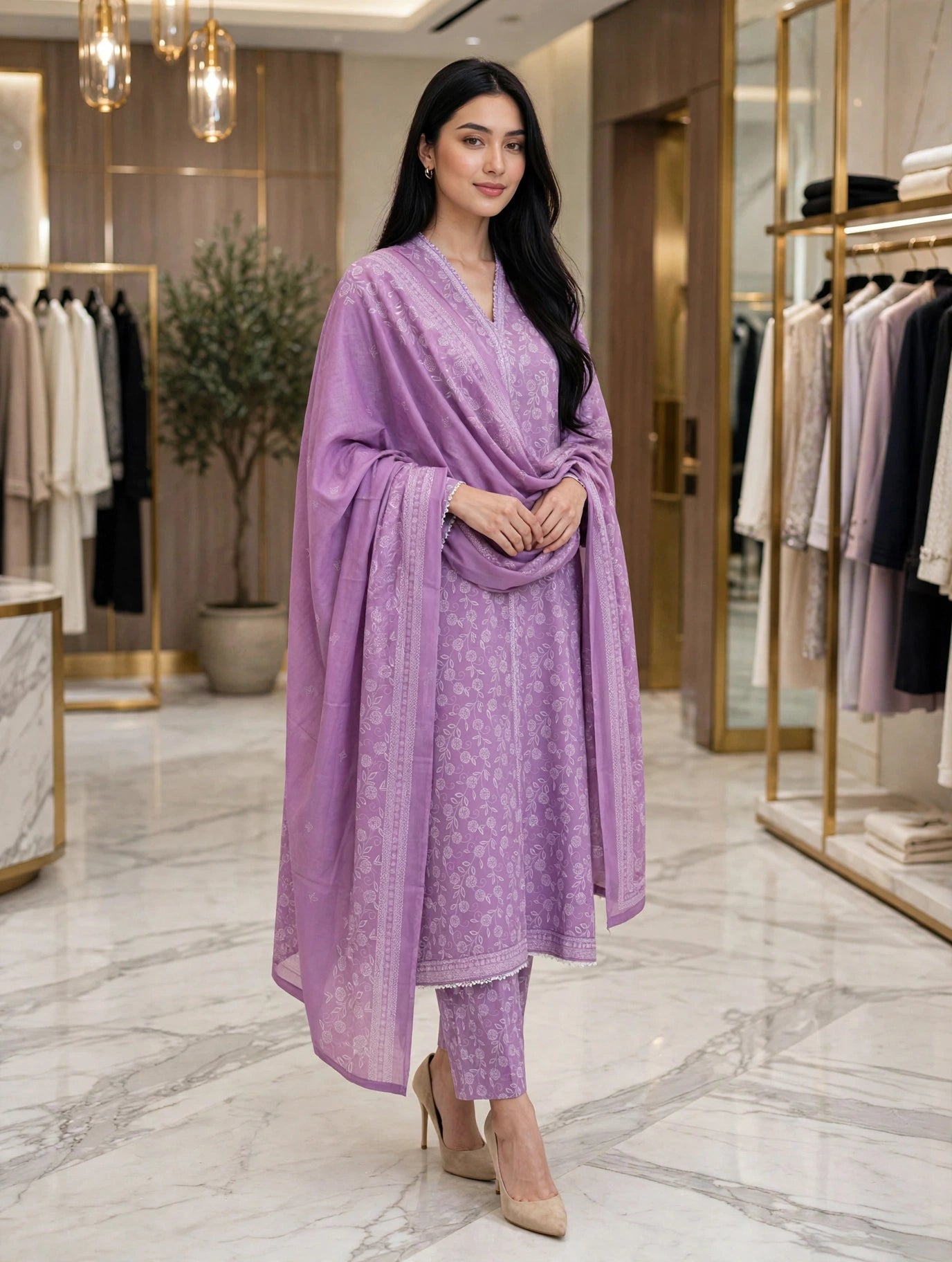 Binsaeed premium lawn stiched long shirt trouser 3pc lilac6