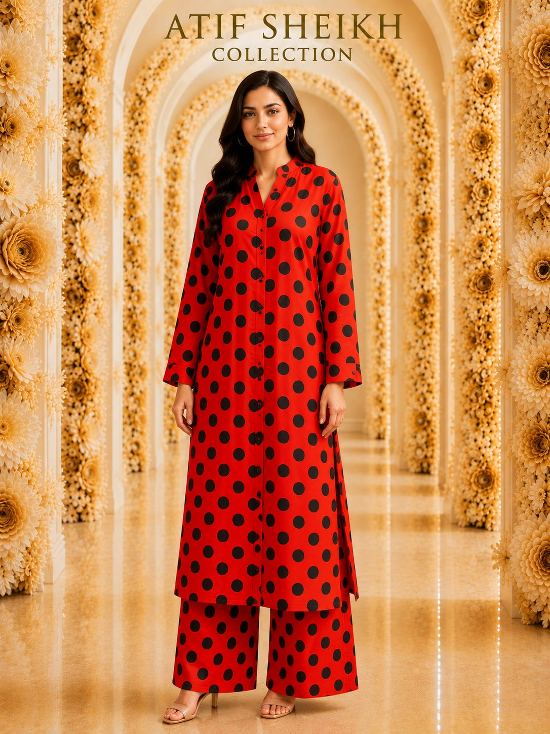 Linen stiched long shirt trouser 2 pc redplka