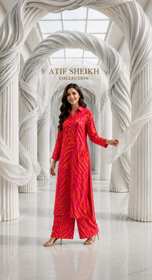 Linen stiched long shirt trouser 2 pc prnted redprnt