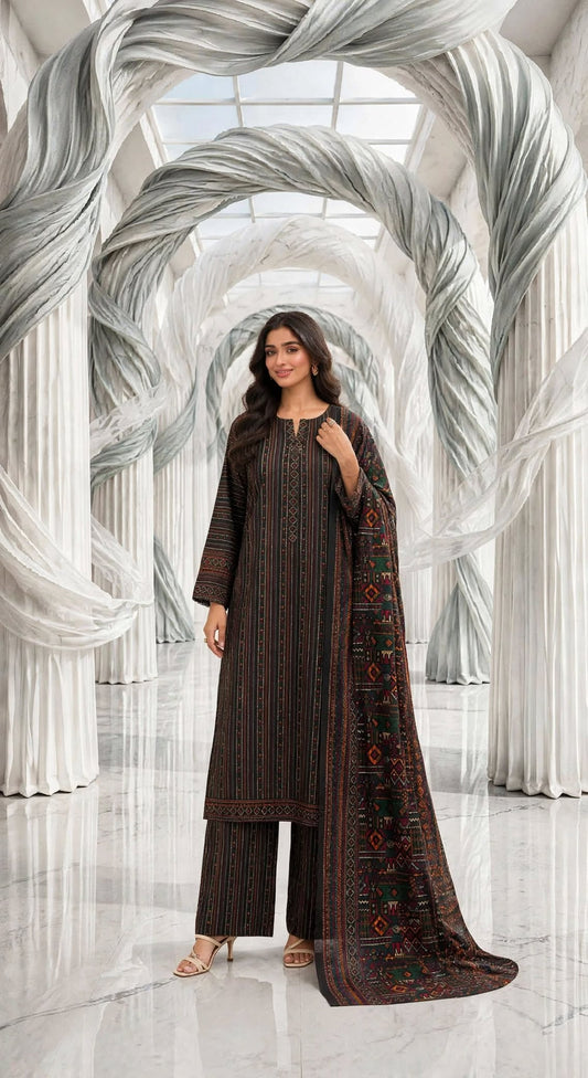 Binsaeed khaddar stiched long shirt trouser 3 pc blkajrk