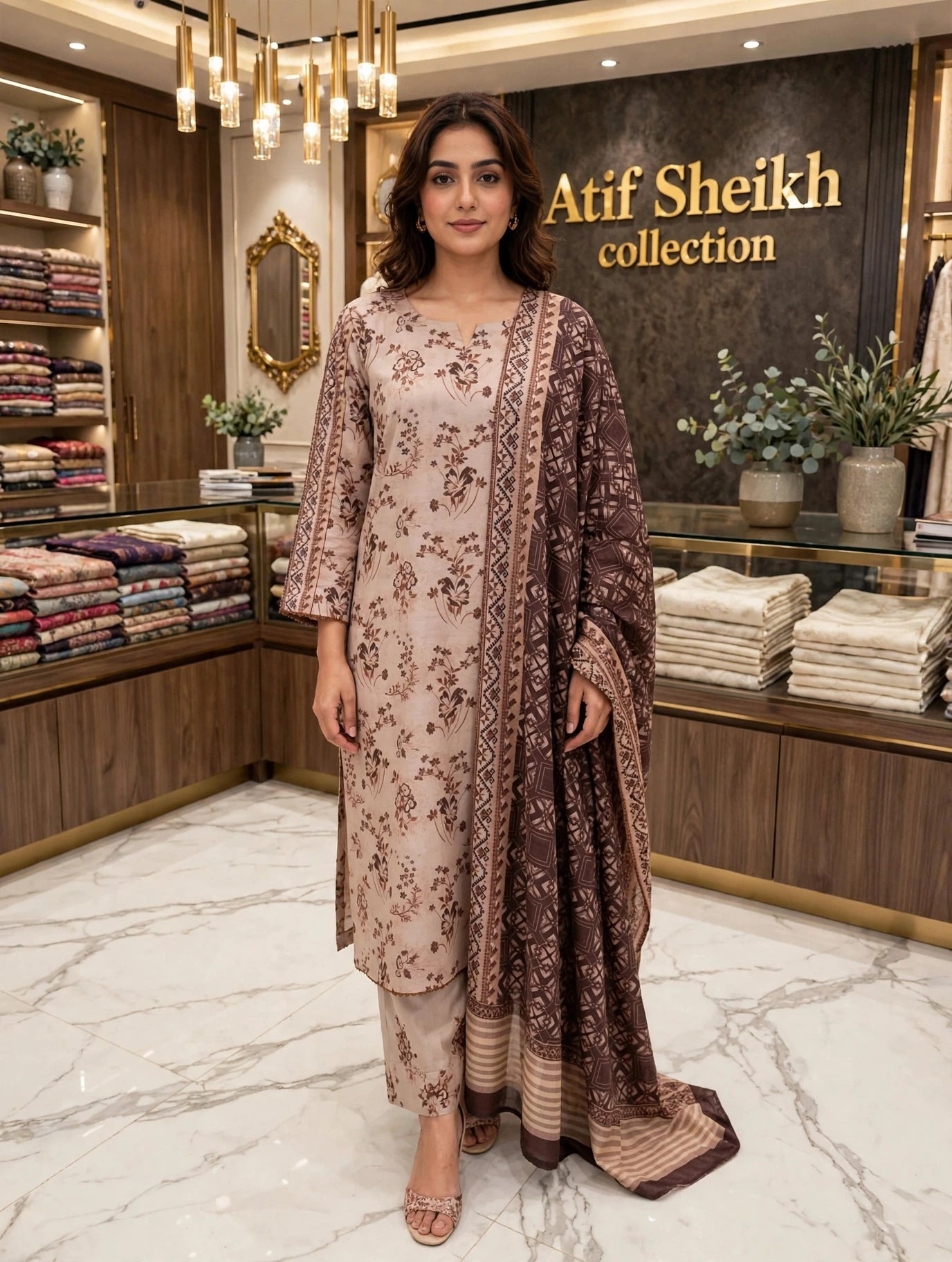Binsaeed premium lawn stiched shirt trouser stiched 3pc cofeBr