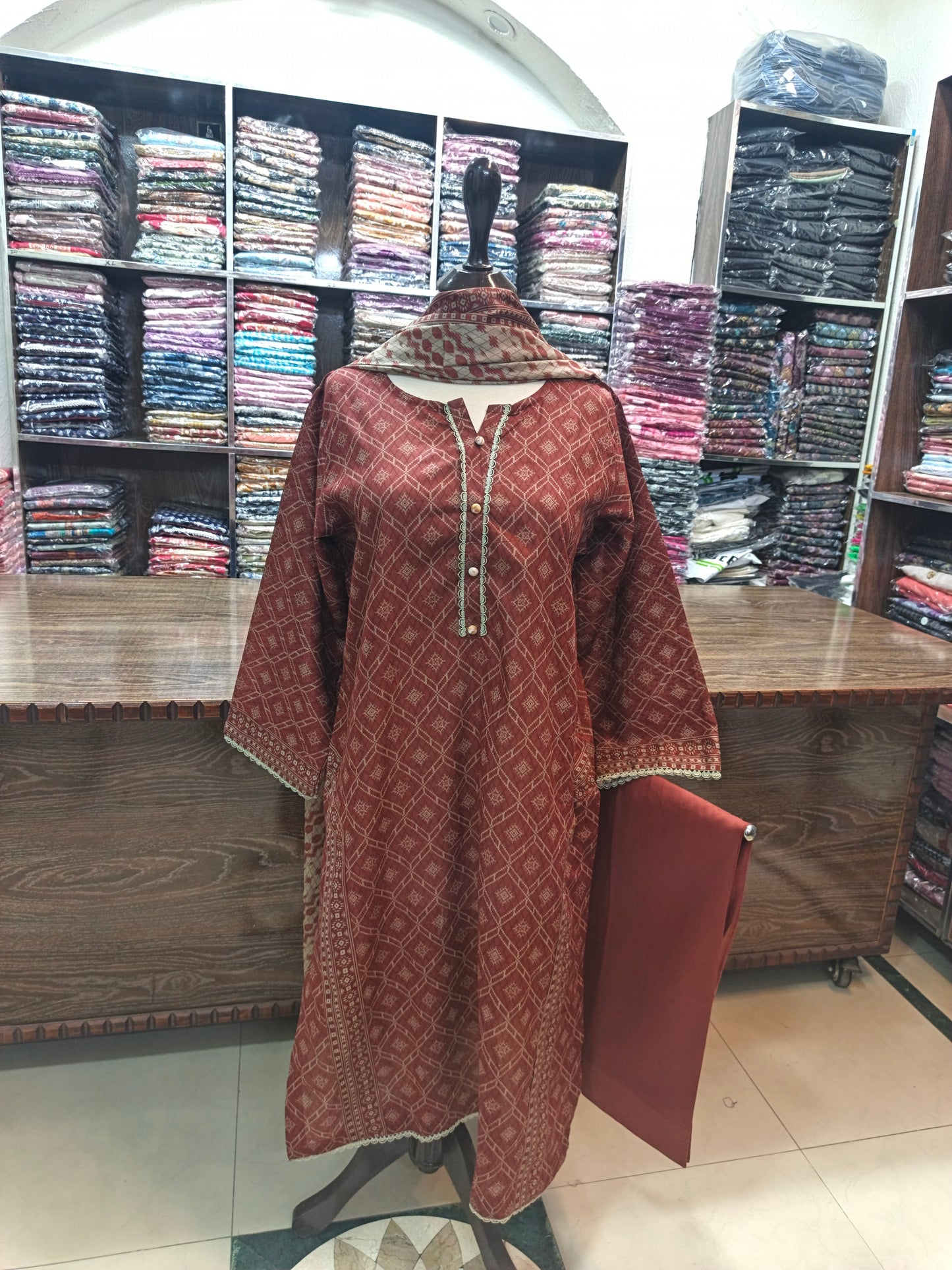 Safina premium lawn stiched shalwar kameez 3pc brn