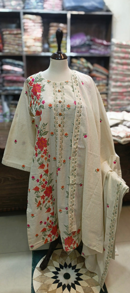 Karandi khaddar embroidered stiched 3 pc