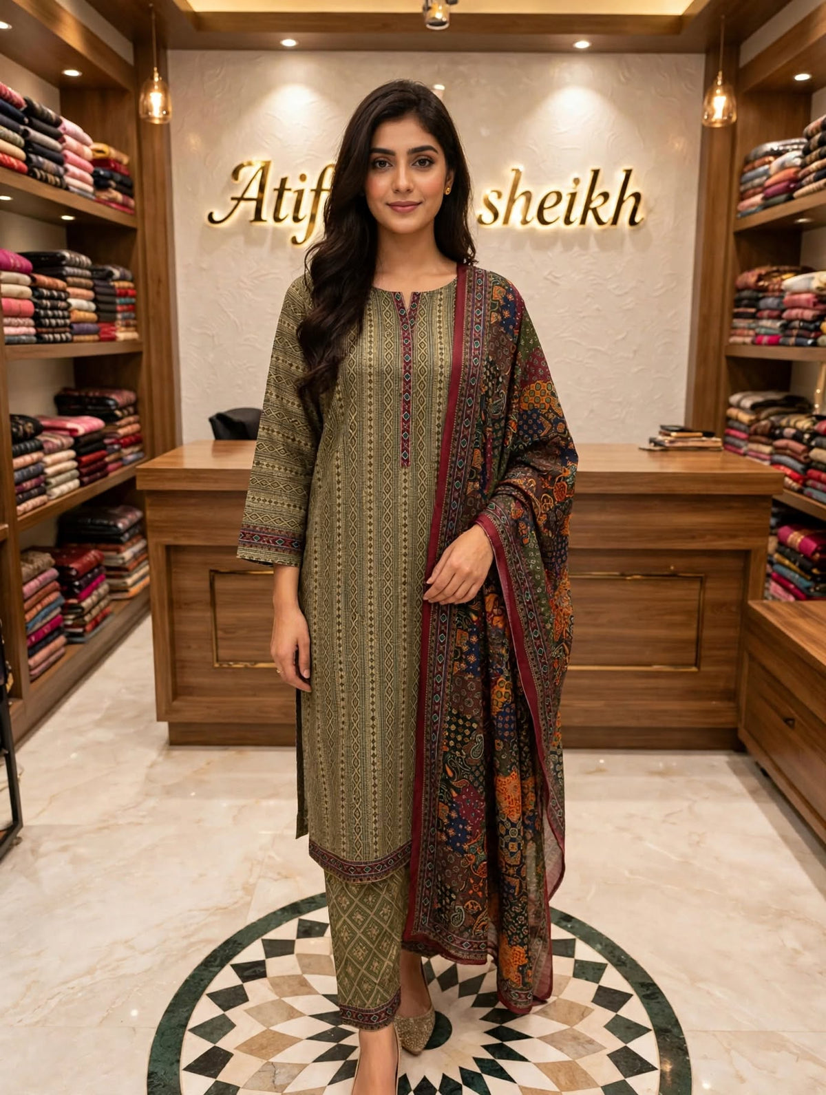 Binsaeed premium lawn stiched long shirt trouser 3pc olivajrk