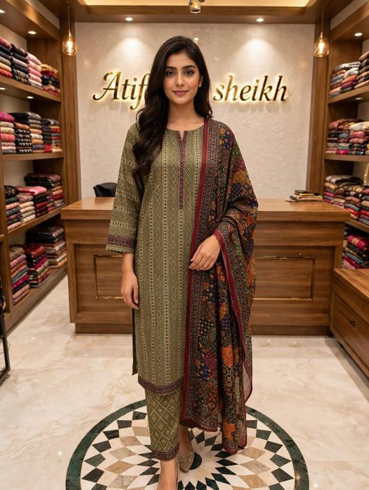 Binsaeed premium lawn stiched long shirt trouser 3pc olivajrk