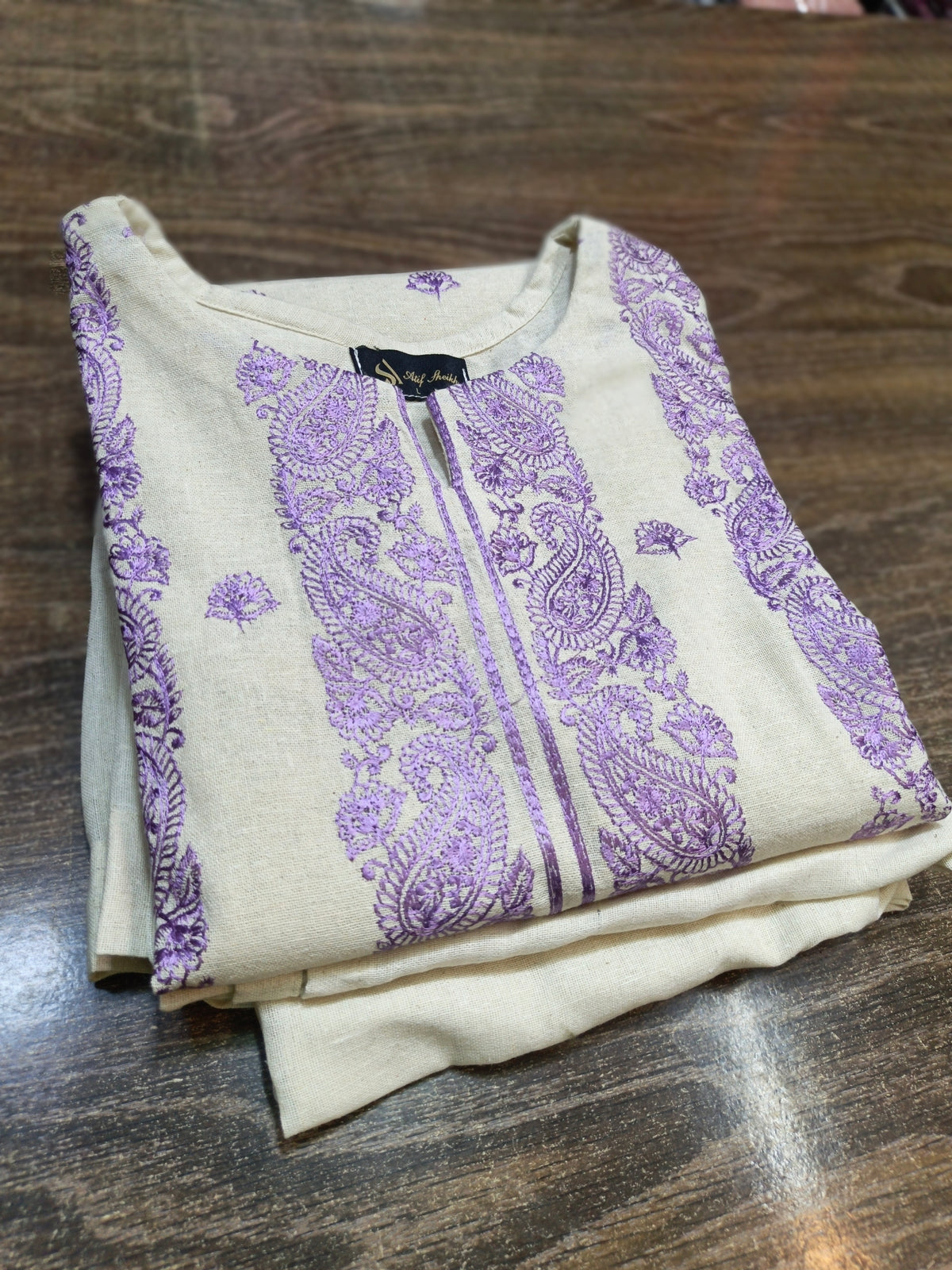 Karandi khaddar embroidered stiched long shirt trouser 3pc llcK