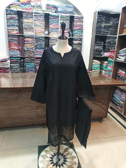 Lawn chikenkari stiched shalwar kameez 2pc blk