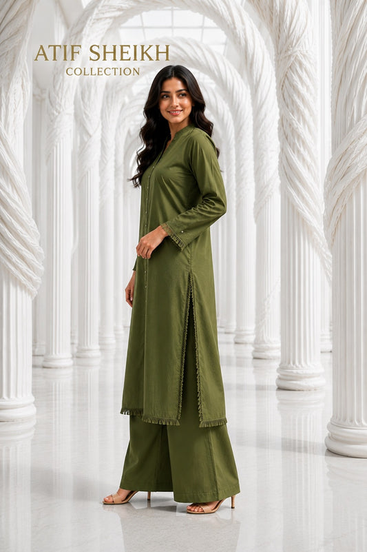 Binsaeed solid khaddar stiched shirt trouser 2 pc mhndi