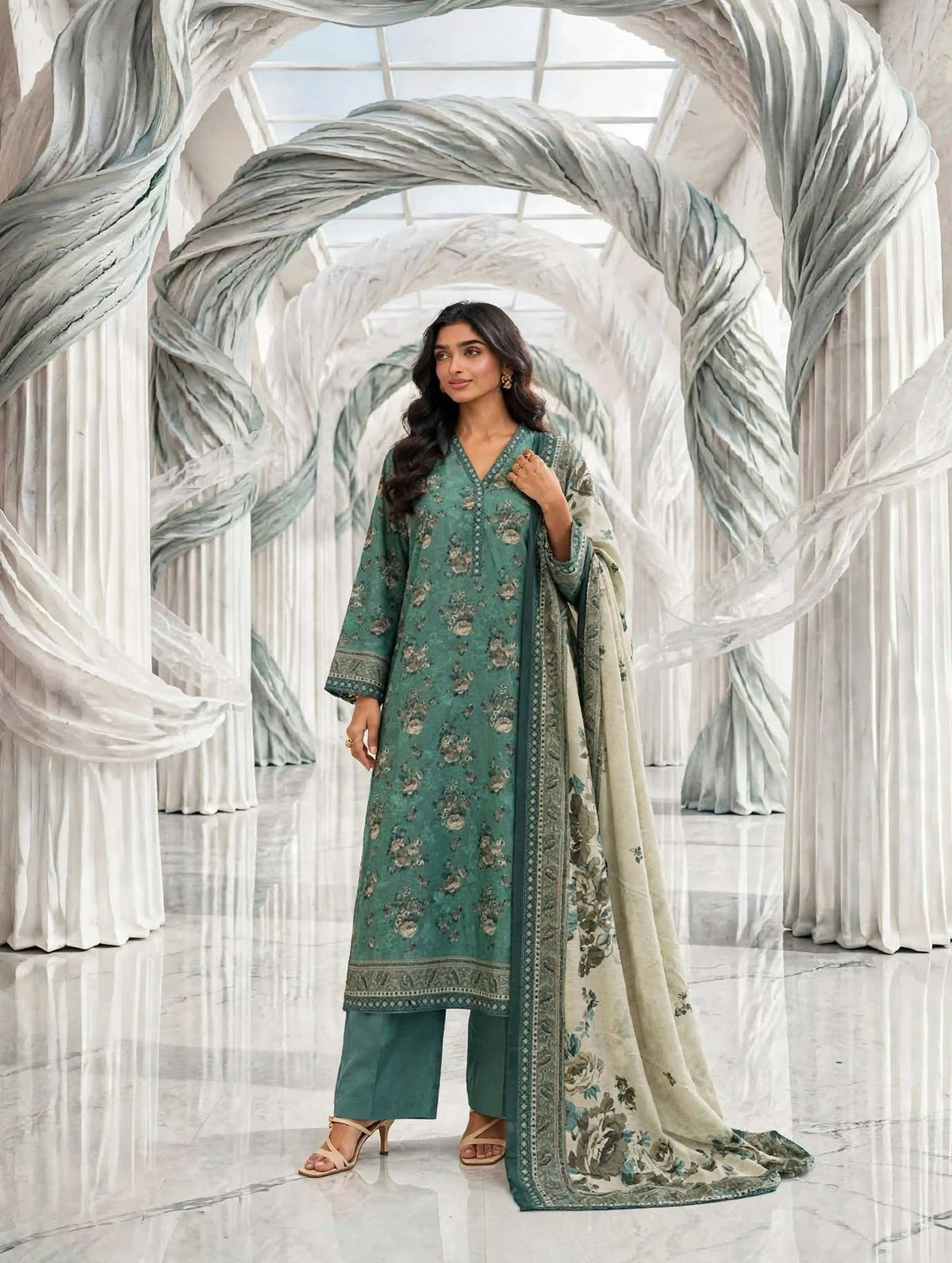 Binsaeed khaddar stiched shalwar kameez 3 pc aquaskn