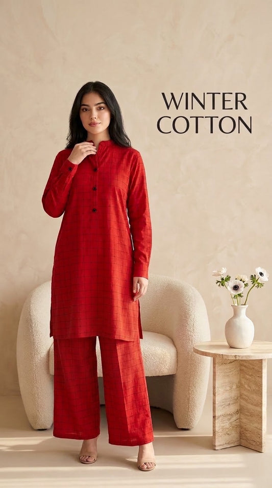 Cotton stiched long shirt trouser 2pc redchk