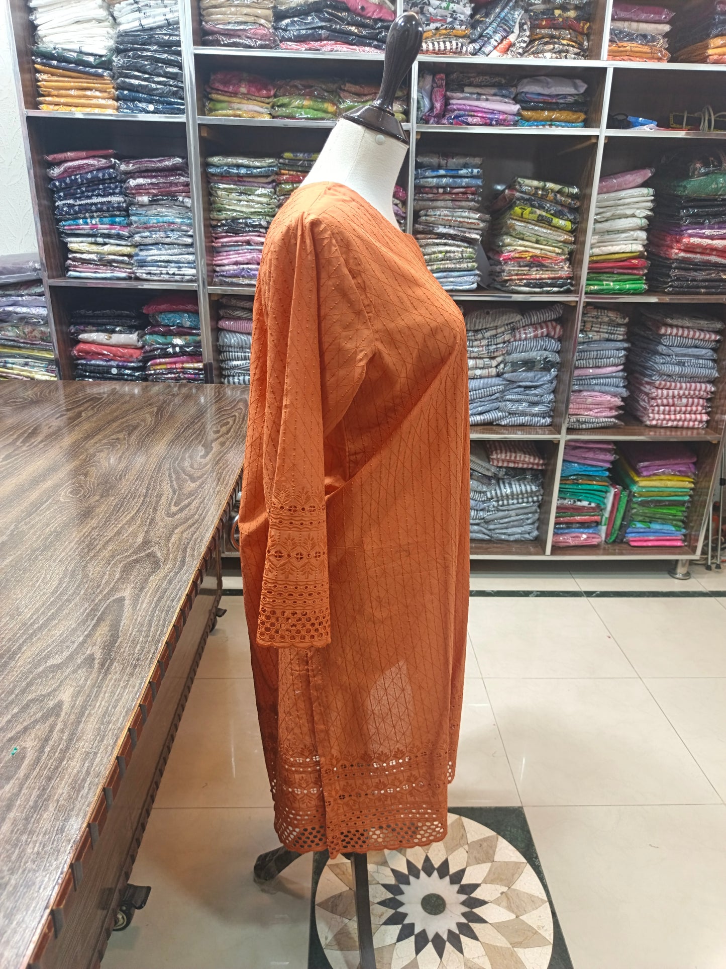 Lawn chikenkari embroidered stiched 2pc orng