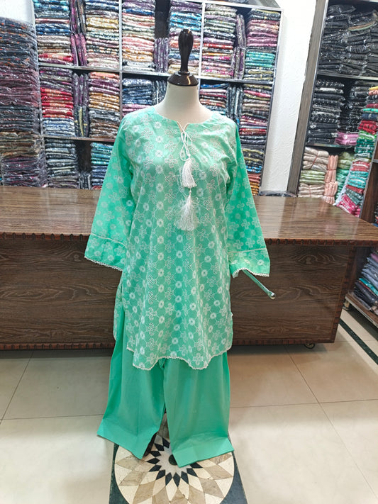 Lawn embroidered short shirt and shalwar 2pc aqua