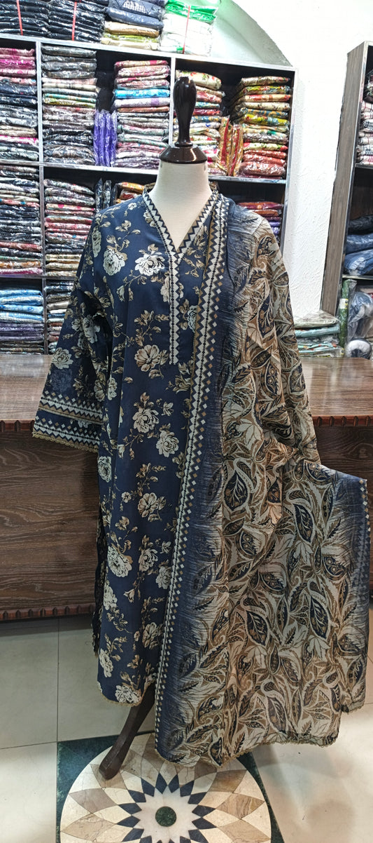 Bin saeed premium lawn stiched shirt trouser 3 pc nvy