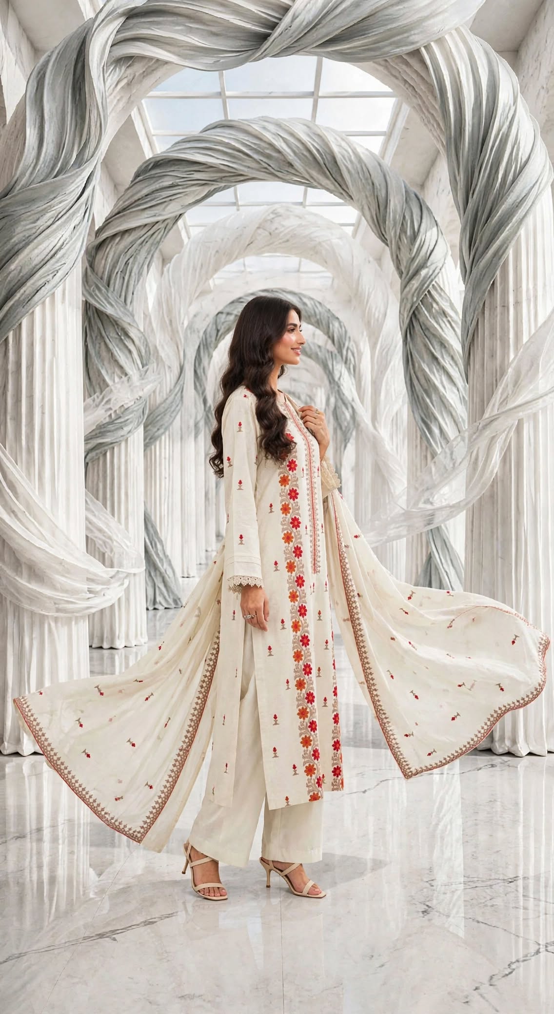 Karandi khaddar embroidered stiched long shirt trouser 3pc pchskn