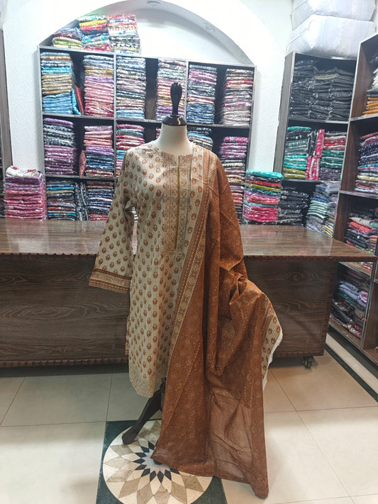 Binsaeed embroidered stiched shirt trouser 3 pc beij