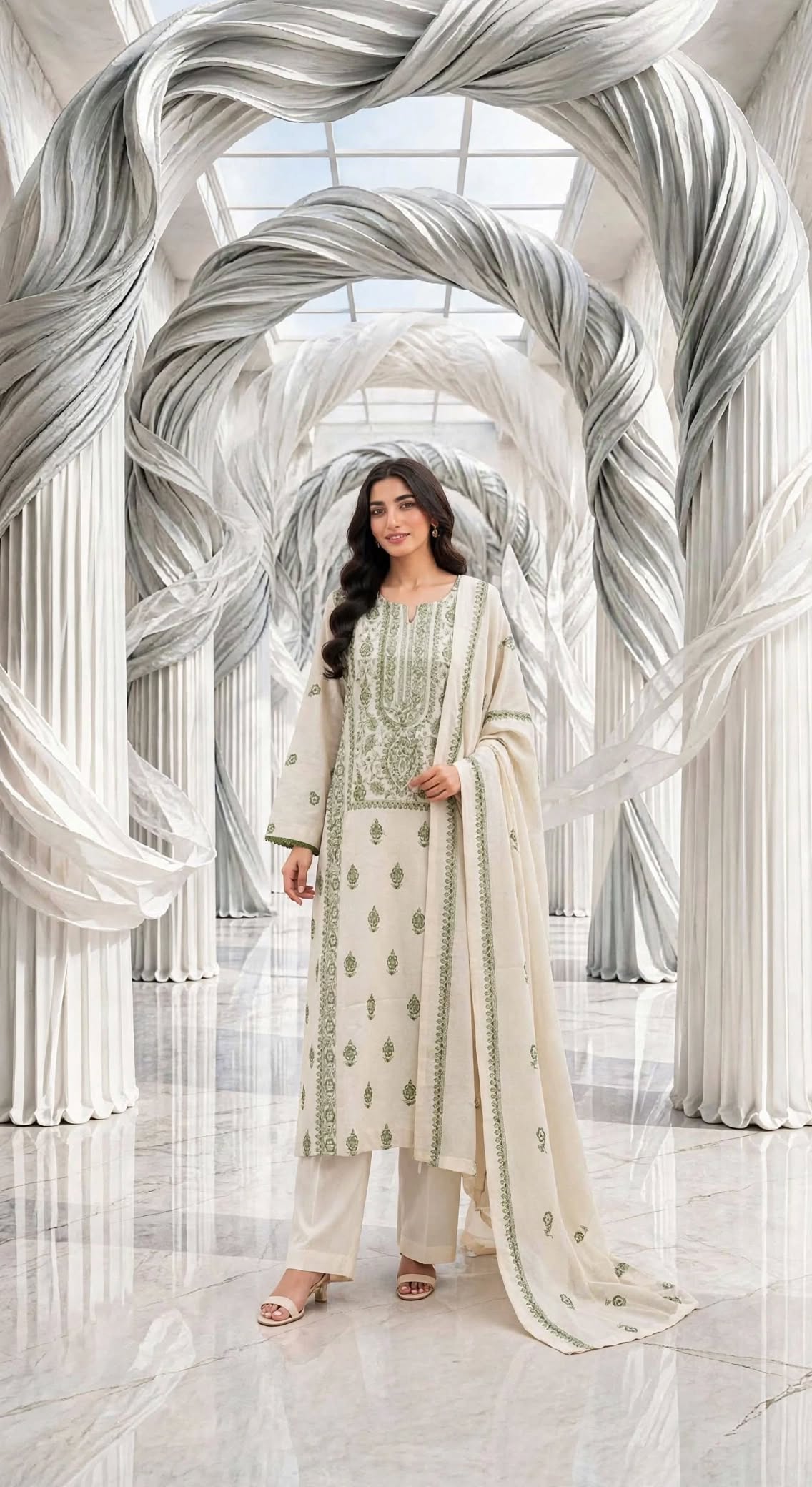 Khaddar embroidered stiched long shirt trouser 3pc gren