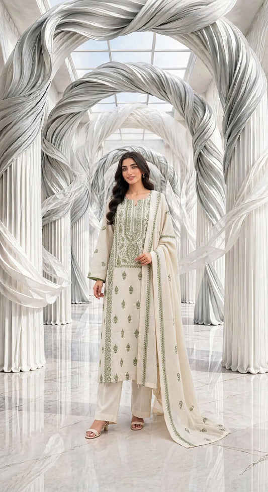 Khaddar embroidered stiched long shirt trouser 3pc gren