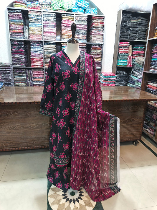 Safina premium lawn stiched shirt plazzo 3 pc blk