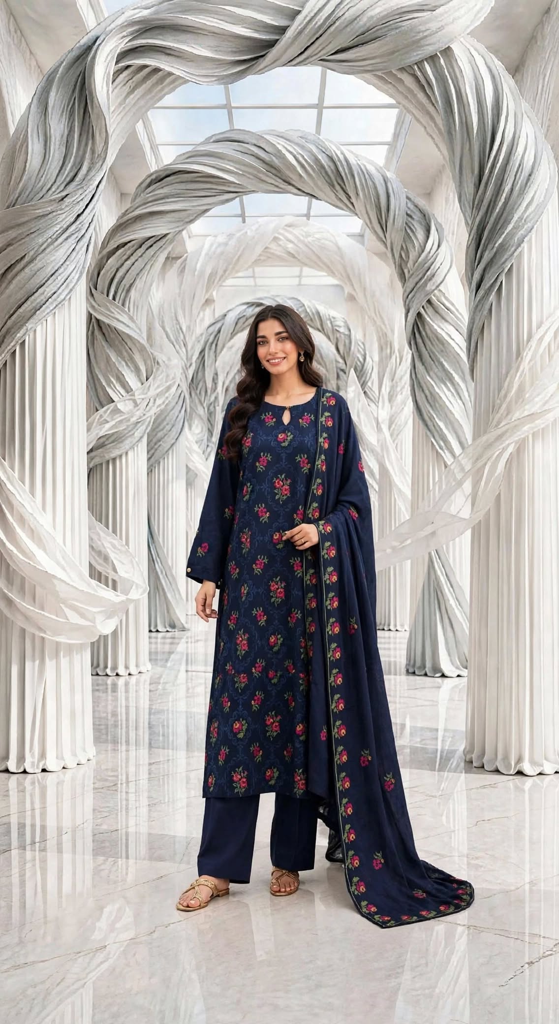 Karandi embroidered stiched long shirt trouser 3pc nvy