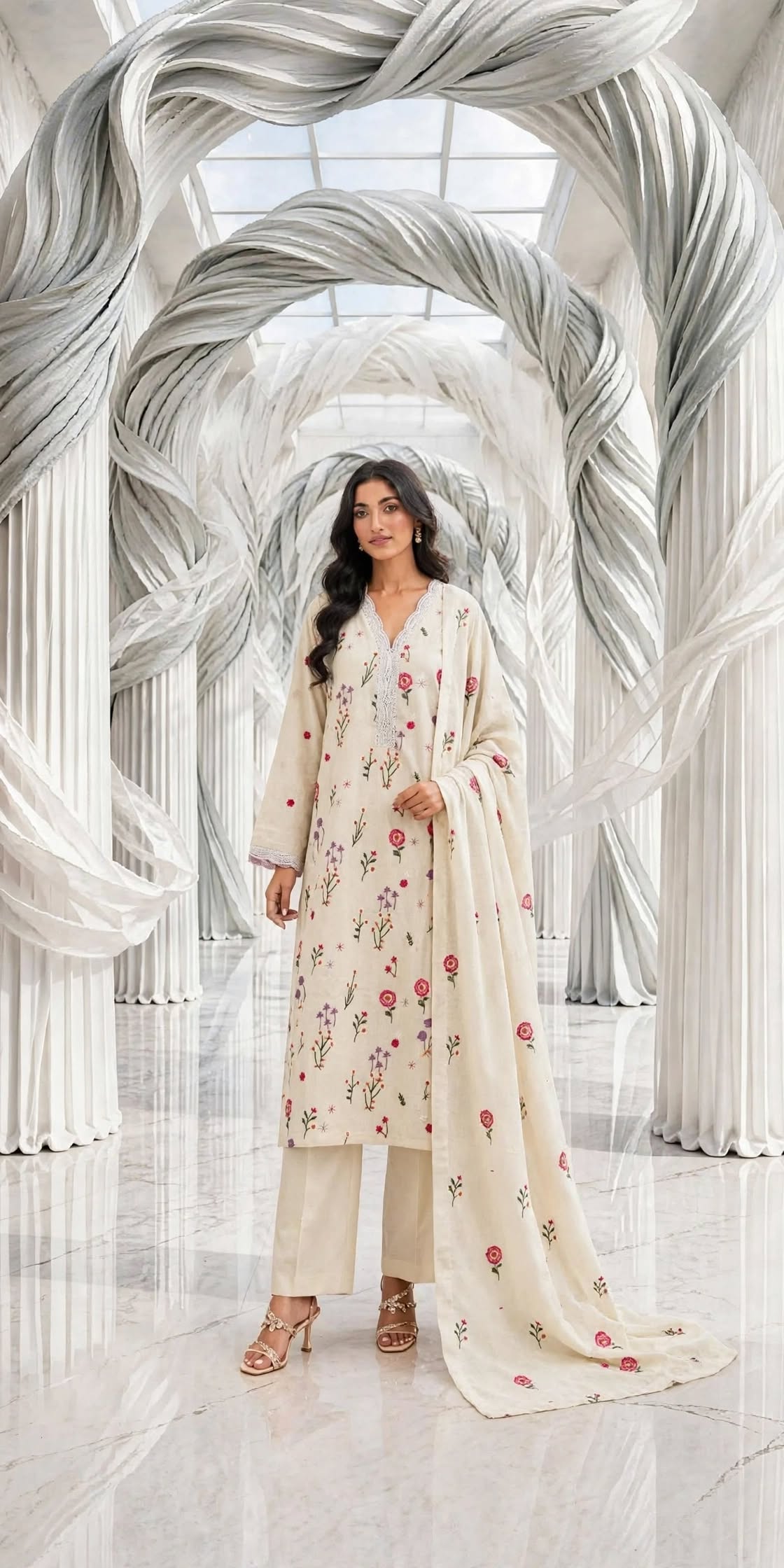 Khaddar embroidered stiched long shirt trouser 3pc v2