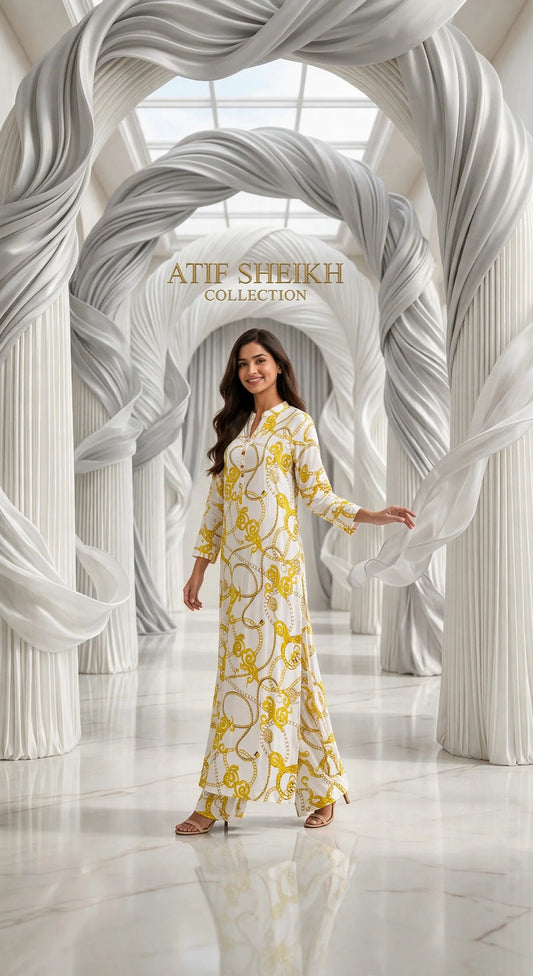 Linen long shirt stiched shirt trouser 2pc goldchn
