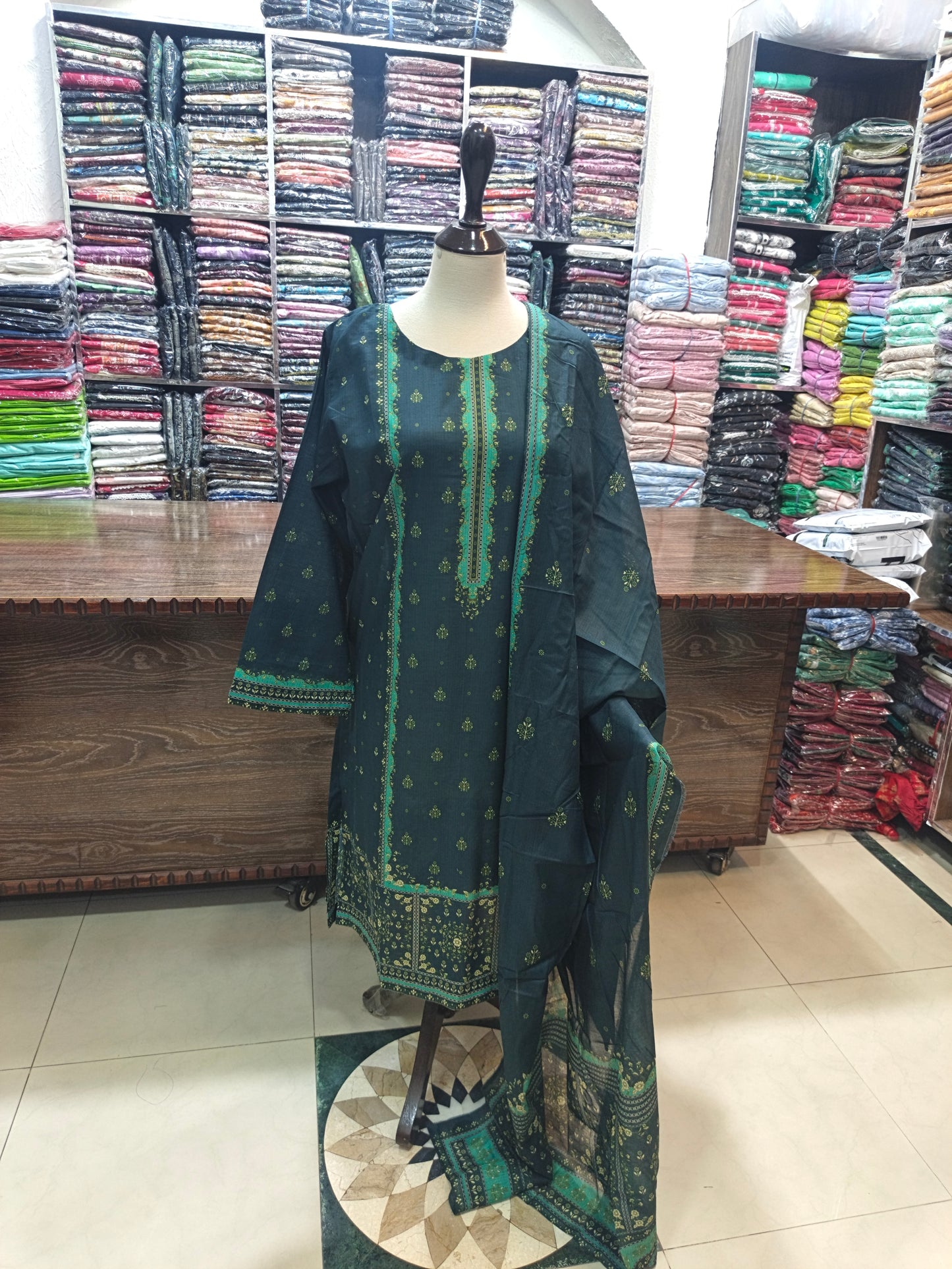 Binsaeed premium lawn stiched shalwar kameez 3pc mnggrn