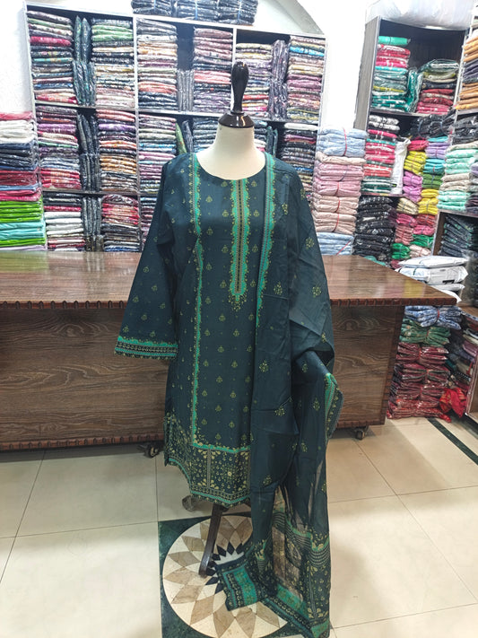 Binsaeed premium lawn stiched shalwar kameez 3pc mnggrn
