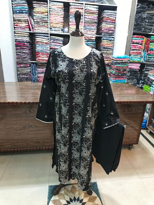 Breeze embroidered lawn stiched long shirt trouser 2pc blkck