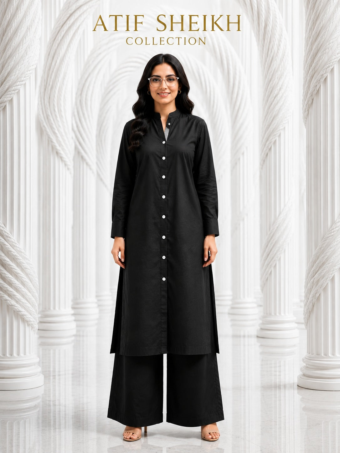 Binsaeed solid khaddar stiched shirt trouser 2 pc blk