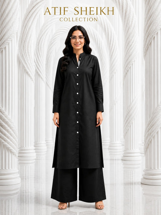 Binsaeed solid khaddar stiched shirt trouser 2 pc blk
