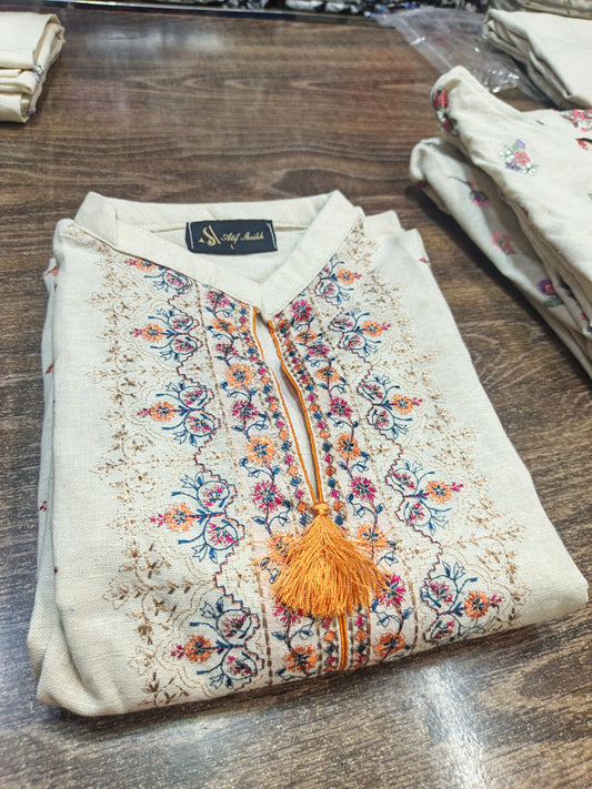 Karandi khaddar embroidered stiched long shirt trouser 3pc orngpnl
