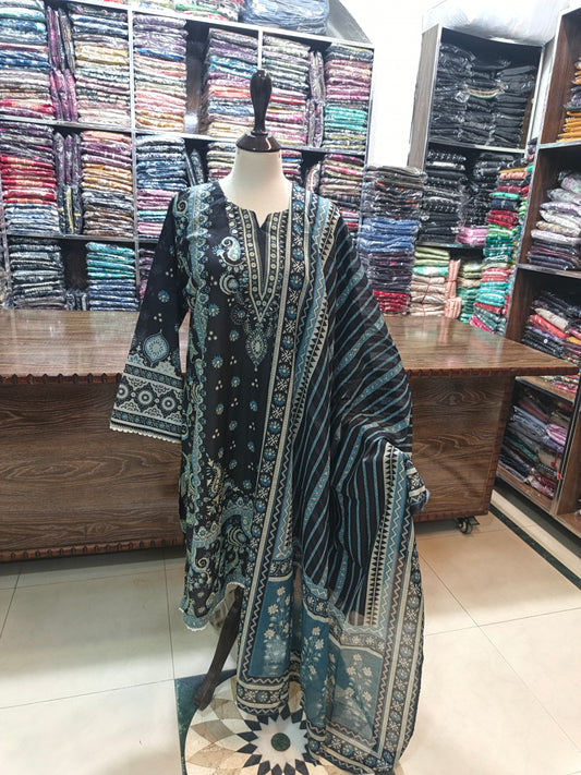 Binsaeed premium lawn stiched shalwar kameez 3 pc blkbl